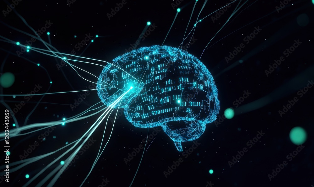 Poster a blue digital brain made of binary code, connected to an electric circuit on the right side with wh
