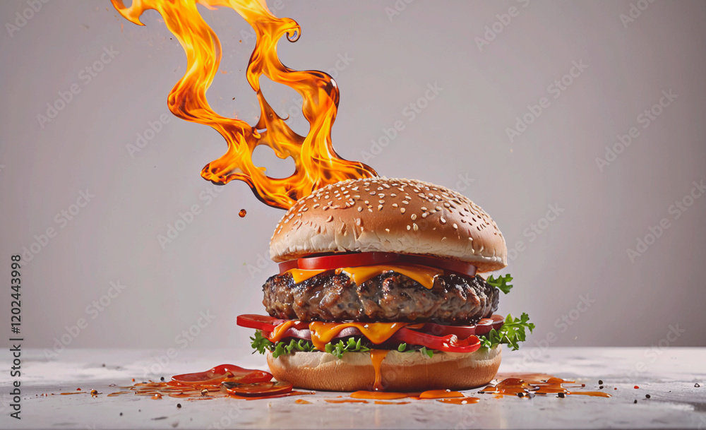 Poster A hamburger with a flame on top of it. The flame is made of melted cheese. The hamburger is on a table