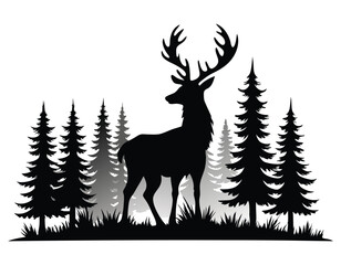 black and white illustration of a deer with impressive antlers surrounded by tall pine trees. ideal for wildlife and outdoor adventure concepts.