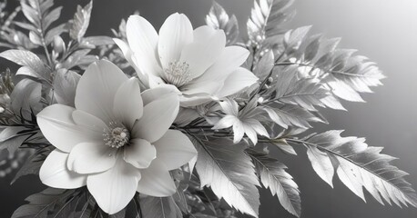 Exquisite white floral design accented with shimmering silver leaves, white, silver, elegant, exquisite