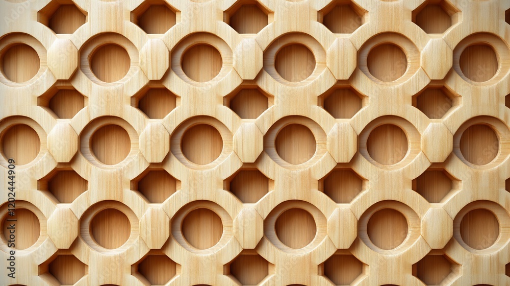 Aufkleber geometric wood panel with repeating circular and hexagonal cutouts.