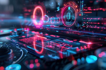 Obraz premium Futuristic digital interface displaying holographic elements and glowing data streams in vibrant neon colors.