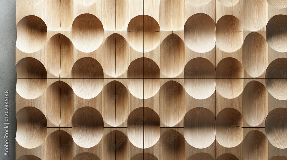 Aufkleber abstract wood wall panel with repeating circular recesses.