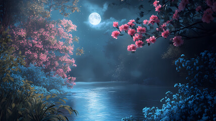 Serene moonlit night scene with vibrant pink and blue flowers blooming along a calm river in a mystical forest. Mystical Moonlit Scene. Illustration