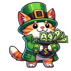 Cartoon-style illustration of a cat dressed as a leprechaun for St. Patrick's Day, wearing a hat and coat, carrying cash in his mouth isolated on transparent background