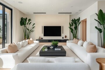 Fototapeta premium Modern luxury home living room, ocean view, plants, relaxation.