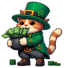 Cartoon-style illustration of a cat dressed as a leprechaun for St. Patrick's Day, wearing a hat and coat, carrying cash in his mouth isolated on transparent background