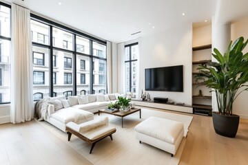 Fototapeta premium Modern city apartment living room, large windows, cityscape view, luxurious interior design