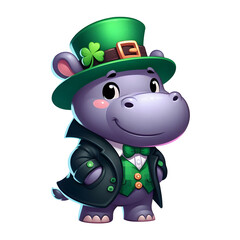 Cartoon-style illustration of a cute hippo dressed as a leprechaun for St. Patrick's Day, wearing a hat and coat, isolated on transparent background