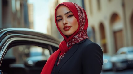 Elegant Woman In Red Hijab Near Classic Car