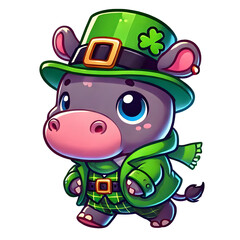 Cartoon-style illustration of a cute hippo dressed as a leprechaun for St. Patrick's Day, wearing a hat and coat, isolated on transparent background