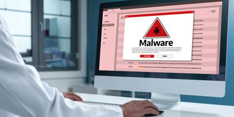 Cyber attacking concept. Malware alert showing on computer screen display scam and threat detection on computer system or online server to be removed brisk.