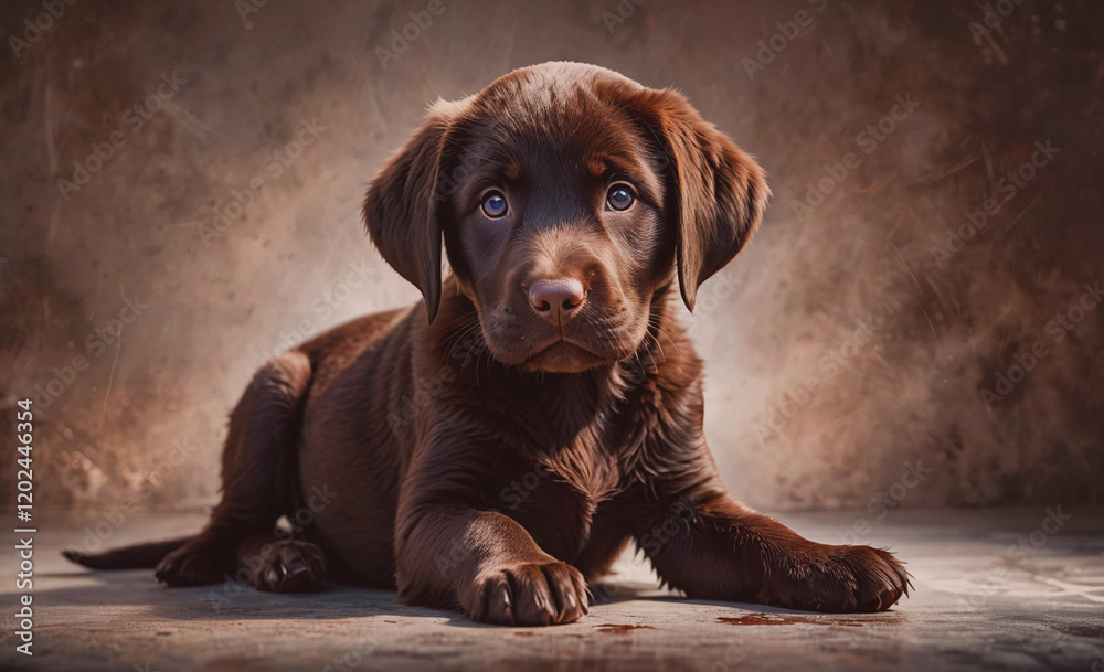 Poster a brown puppy is laying on the ground with its eyes closed. the puppy is looking at the camera with 