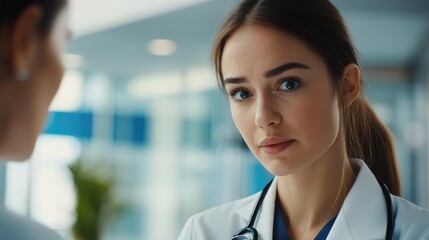 Fototapeta premium Close up of pharmaceutical sales representative talking with female doctor in medical building. Hospital director consulting with healthcare staff.