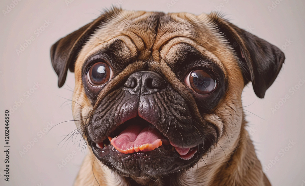 Poster a pug dog with its tongue out and a big smile on its face. the dog's eyes are wide open, and it is h