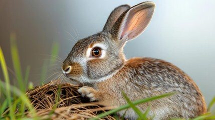 Fototapeta premium Cute bunny rabbit in grassy field, nature background, perfect for children's books