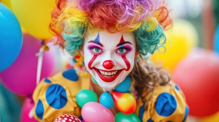 Fototapeta premium Happy clown woman with colorful balloons.