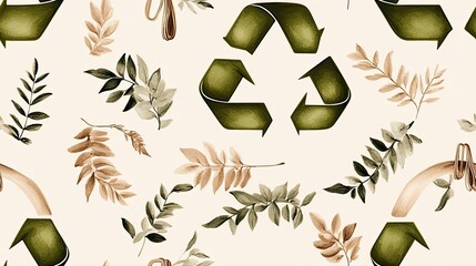 Hand-drawn recycling symbols, clothes hangers, and soft plant-inspired elements tile