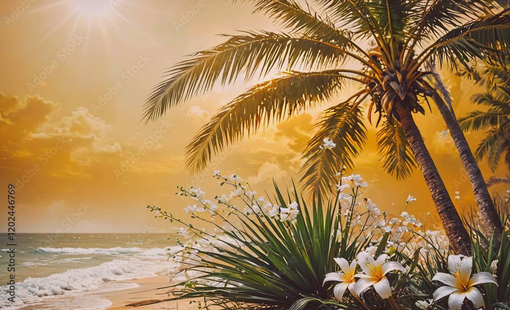 Poster a beautiful beach scene with palm trees and flowers. the sun is shining brightly, creating a warm an