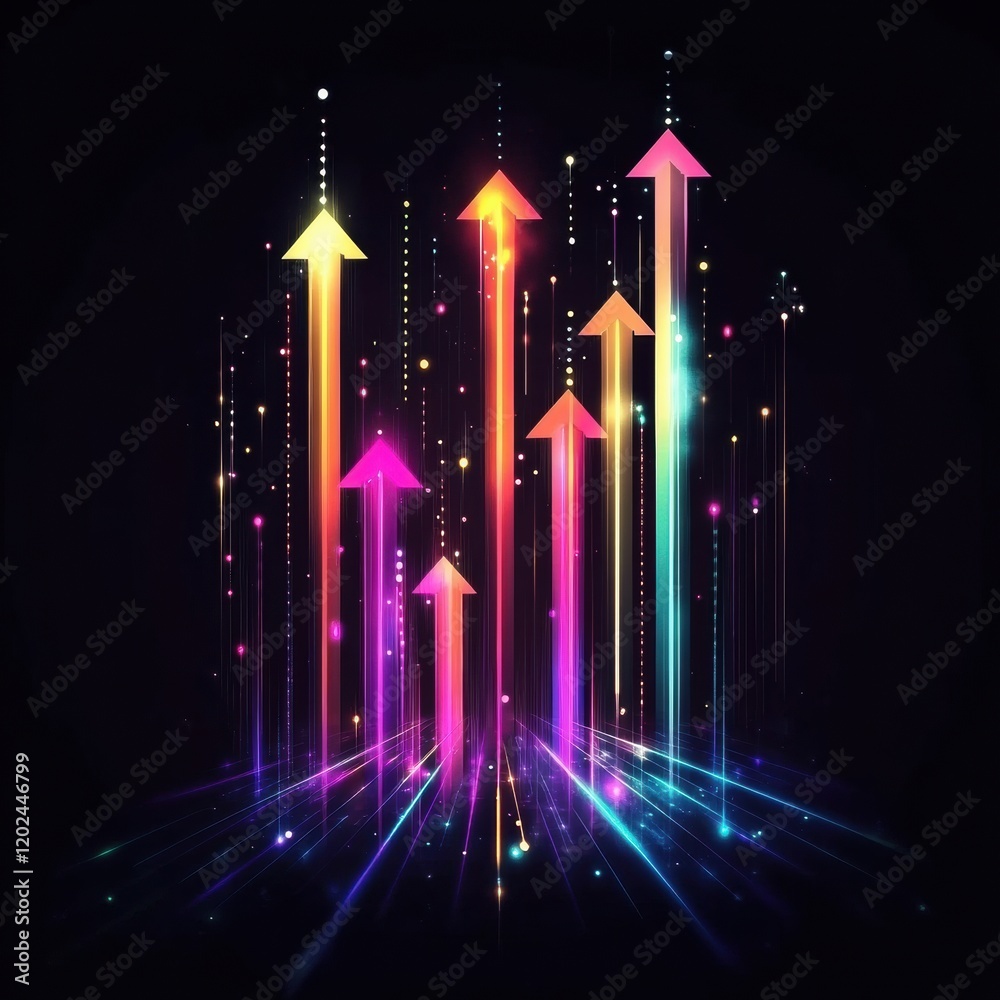 Poster colorful abstract arrows pointing upwards in a vibrant digital artwork during nighttime. generative 