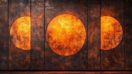 Fiery sun circles in dark metallic wall.