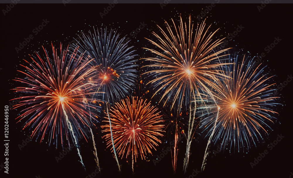 Poster a fireworks display with four red, two orange and two blue fireworks. the fireworks are lit up and a