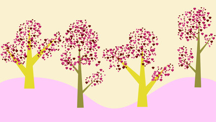 This illustration depicts a cheerful and whimsical landscape featuring heart-shaped foliage trees in shades of pink, red, and burgundy, with golden-yellow and brown tree trunks. 