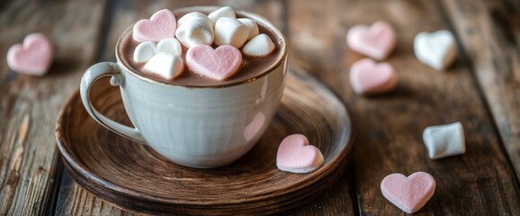 A steaming cup of hot cocoa sits on a rustic wooden table, adorned with heart-shaped marshmallows. Soft ambiance and a cozy atmosphere invite relaxation and warmth