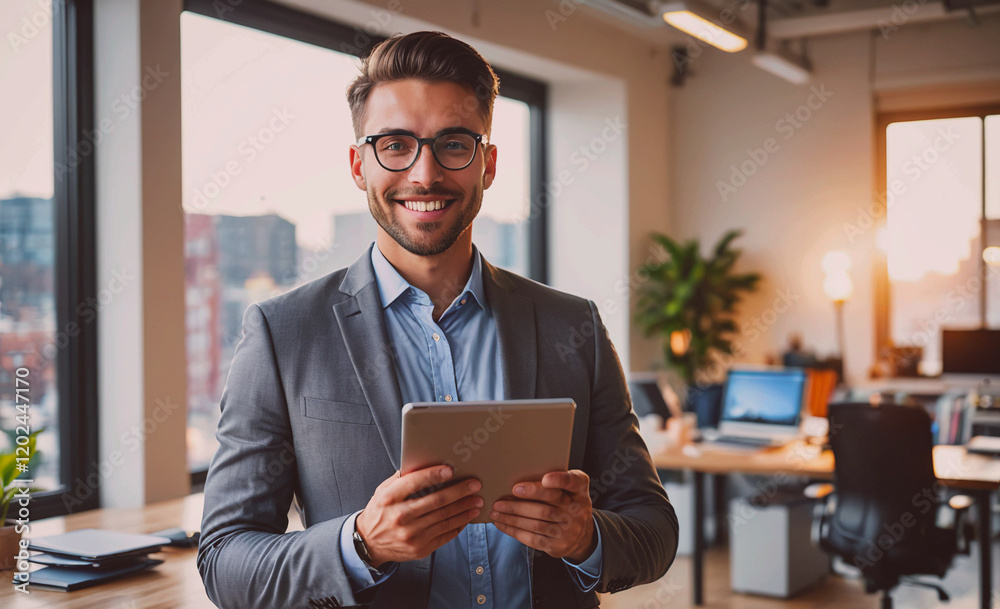 Poster a man in a suit and glasses is smiling and holding a tablet. concept of professionalism and confiden