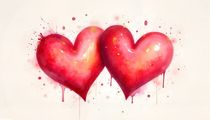 Two vibrant hearts intertwined, adorned with splashes of color and gold highlights, radiating love and passion in a whimsical artistic style