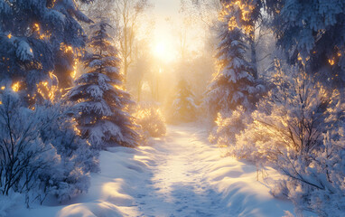Enchanted Winter Sunrise: A Magical Path Through a Snow-Covered Forest