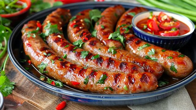 Delicious grilled sausage meal on plate, garnished with fresh herbs and spicy chili sauce, perfect for barbecues and showcasing appetizing cuisine.