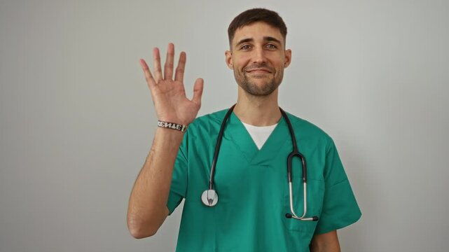 Hispanic male nurse in teal scrubs smiling and waving with a stethoscope around his neck against a white background.