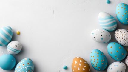 Colorful easter eggs arranged in a creative pattern on a white background for festive celebrations