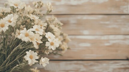 Cream daisies bouquet on rustic wooden background.