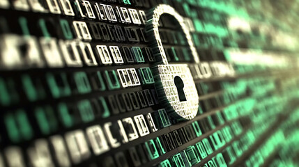 Cybersecurity concept image.  A stylized padlock emerges from a matrix of binary code, visually representing data protection and digital security.