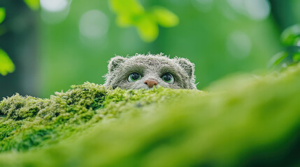 Enchanting scandinavian troll peeking through mossy forest scene - european folklore concept