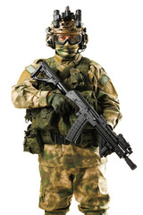 Army soldier in camouflage equipped with tactical gear and weapon