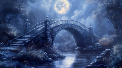 Obraz premium Enchanted moonlit bridge, fantasy scene - fantasy art. Mystical Moonlit Scene. Illustration