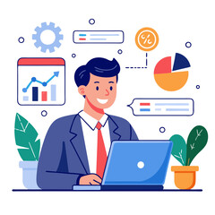 A sales manager actively uses CRM software on a laptop to monitor sales progress and analyze business metrics in a contemporary office setting, surrounded by plants