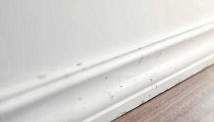 Close-up of dirty baseboard with scuff marks on a polished wooden floor, needing cleaning.