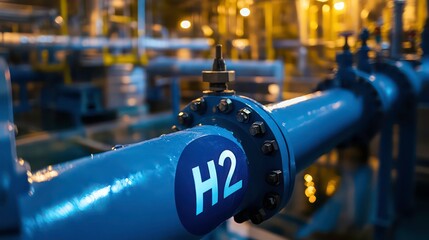 Close-up of a blue hydrogen pipeline marked 'H2' showcasing energy infrastructure and hydrogen fuel technology in an industrial setting.