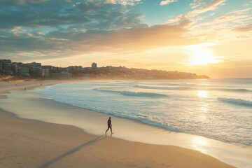 Obraz premium Golden sunset casts warm hues over beach, as lone figure strolls