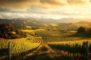 Fototapeta premium Golden sunlight bathes rolling vineyards, showcasing lush green
