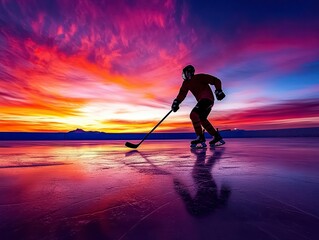 Naklejka premium Skater gliding gracefully on ice against a vibrant sunset backdrop