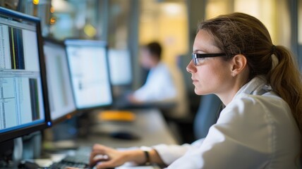 Focused professional analyzing data on multiple computer screens in modern office setting