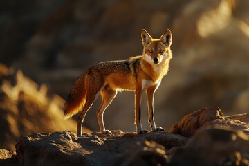 Fototapeta premium Elegant fox stands on rocky terrain, illuminated by warm sunligh