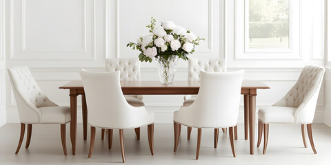 Elegant dining room with a wooden table and eight white upholstered chairs, adorned with a beautiful floral centerpiece.