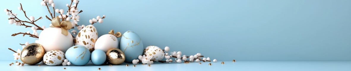 Obraz premium Colorful Easter banner with decorative eggs and blossoms arranged on a soft blue background for spring festivities