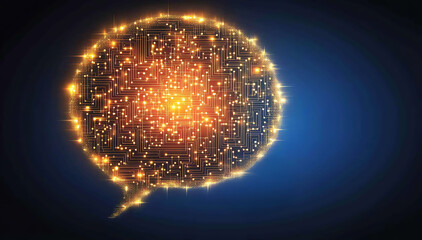 Stunning abstract image of a glowing speech bubble formed from intricate circuitry. Perfect for illustrating digital communication, AI, technology, and innovation concepts.